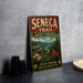 a vintage-style metal sign for the Seneca Trail in West Virginia, with a scenic mountain landscape and a red cardinal bird.