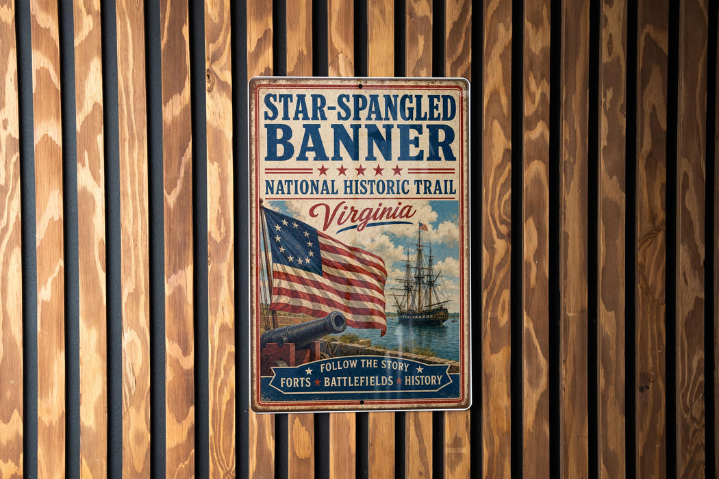 a vintage-style metal sign with an American flag and a ship, mounted on a wooden wall.