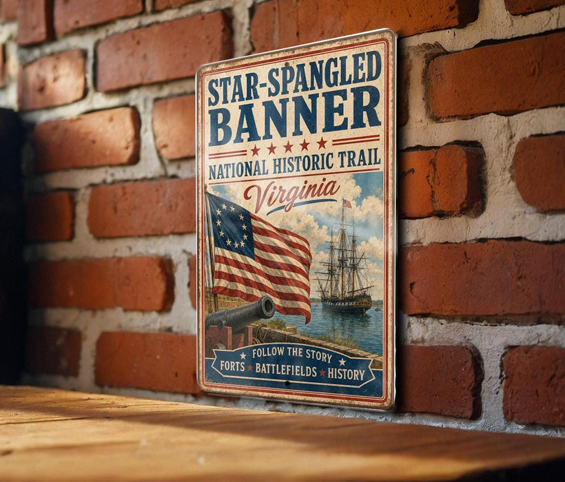 A vintage-style metal sign with an American flag and a sailing ship, mounted on a brick wall.