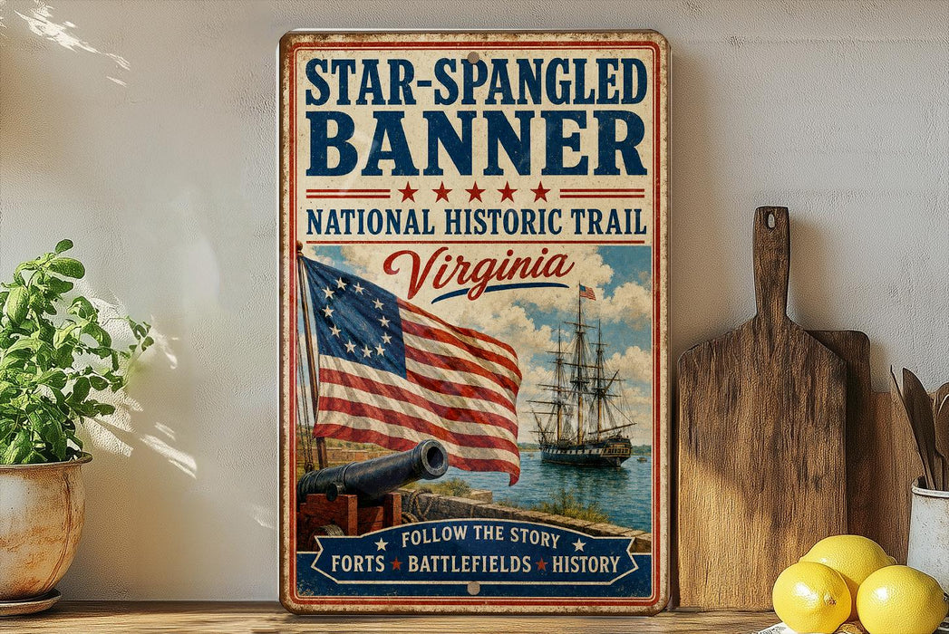 a vintage-style banner for the Star-Spangled Banner National Historic Trail in Virginia, with an American flag and a sailing ship in the background.