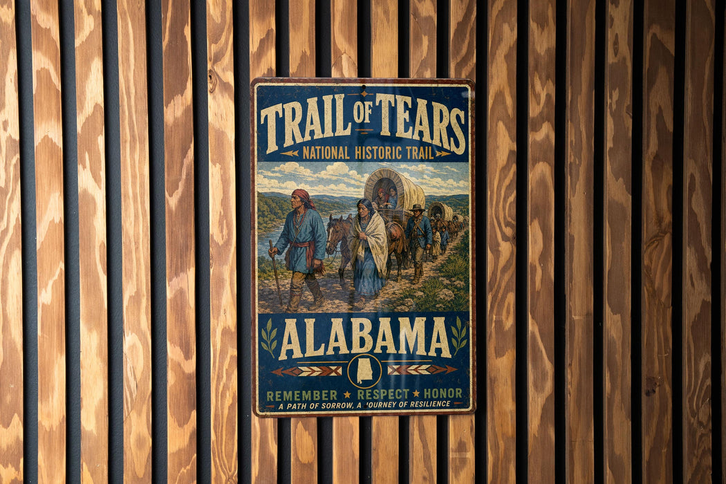 A vintage trail sign for the Trail of Tears, featuring a wagon train and people, mounted on a wooden wall.