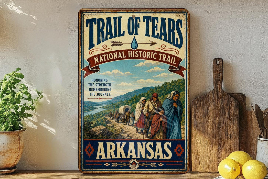 A vintage-style poster for the Trail of Tears, a historic event in Arkansas, featuring a group of people in traditional clothing walking along a path through a scenic landscape.