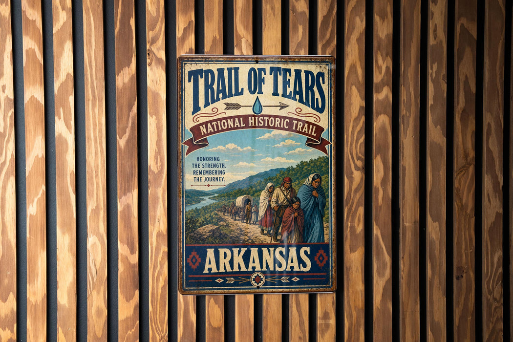 A vintage-style sign for the Trail of Tears, a National Historic Trail in Arkansas, featuring a scenic illustration of a group of people walking along a path through a forested area.