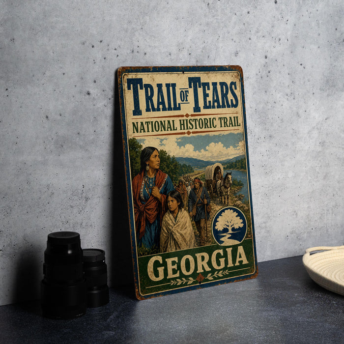 A vintage trail sign for the Trail of Tears, which is a National Historic Trail in Georgia. The sign features an illustration of a group of people, including Native Americans, walking along a path through a scenic landscape.