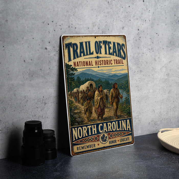 a vintage-style metal sign for the Trail of Tears National Historic Trail, depicting a group of people in traditional clothing walking along a path through a mountainous landscape.