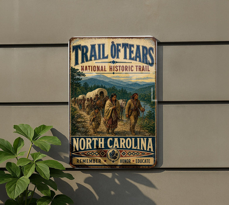 a vintage-style metal sign with a painting of a group of people walking along a trail, set against a backdrop of mountains and a river.