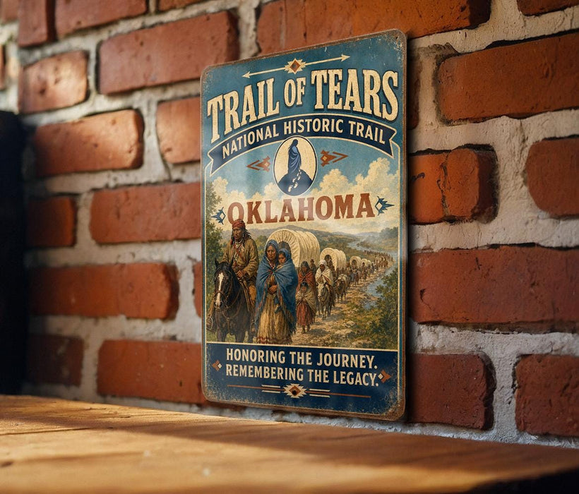 A vintage metal sign for the Trail of Tears, featuring a historical illustration of a group of people on horseback, mounted on a brick wall.