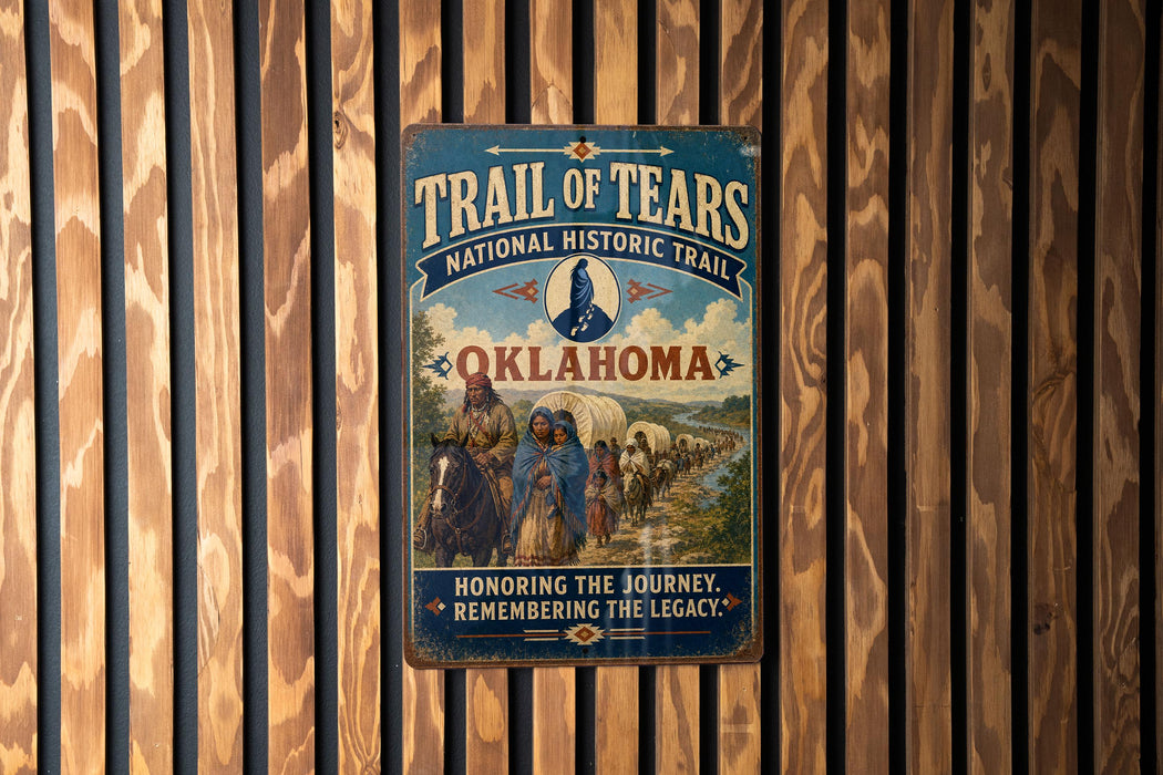A vintage-style metal sign for the Trail of Tears, a significant historical event in Oklahoma, with a cowboy and wagon train illustration.