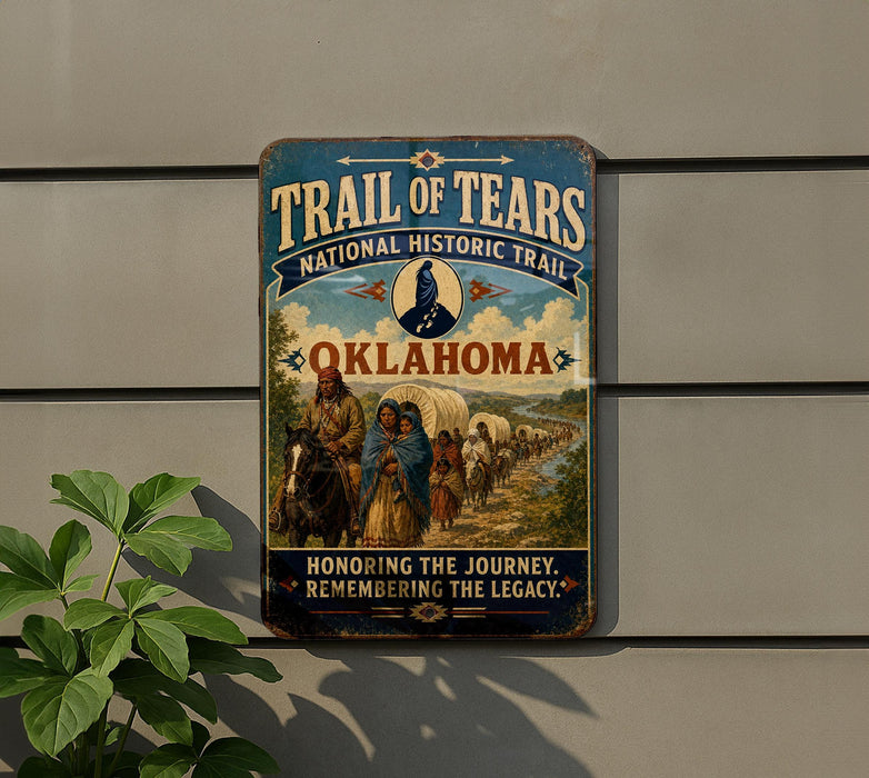 a vintage-style sign for the Trail of Tears, which is a National Historic Trail in Oklahoma. The sign depicts a group of people, likely Native Americans, traveling down a dirt road with a horse-drawn wagon. The sign is mounted on a wall, and there is a plant to the left of the sign.