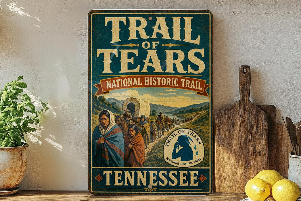 A vintage-style sign for the Trail of Tears, a historic event in the United States, featuring a painting of people in traditional clothing and a wagon. The sign is displayed on a shelf next to a wooden cutting board and some lemons.