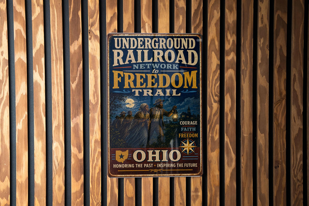 a vintage-style metal sign with the text "Underground Railroad Network to Freedom Trail" and "OHIO" printed on it, hanging on a wooden wall.