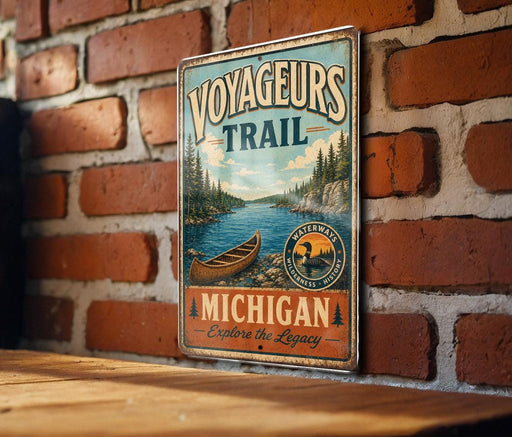A vintage-style metal sign with the text "VOYAGEURS TRAIL" and "WATERWAYS WILDERNESS HISTORY MICHIGAN EXPLORE THE LEGACY" is displayed on a brick wall.