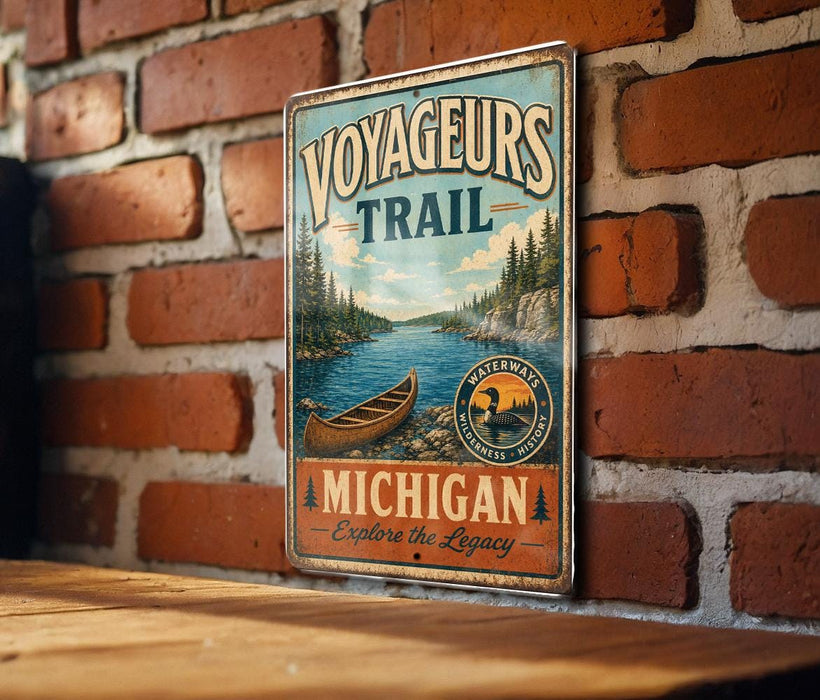 A vintage-style metal sign with the text "VOYAGEURS TRAIL" and "WATERWAYS WILDERNESS HISTORY MICHIGAN EXPLORE THE LEGACY" is displayed on a brick wall.