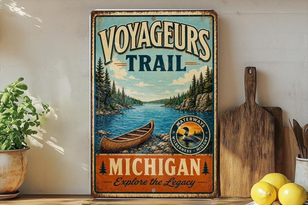 A vintage-style metal sign advertising the Michigan Voyageurs Trail, featuring a scenic illustration of a canoe on a lake surrounded by pine trees.
