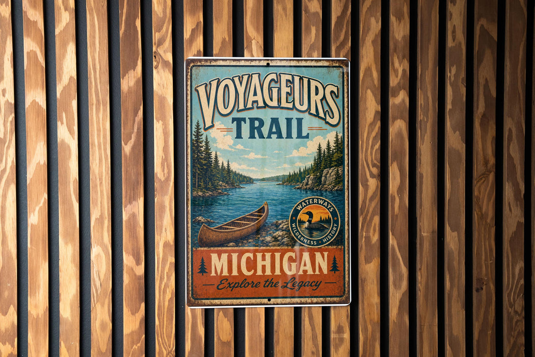 A vintage-style metal sign with the text "VOYAGEURS TRAIL" and "MICHIGAN Explore the Legacy" is displayed on a wooden wall.