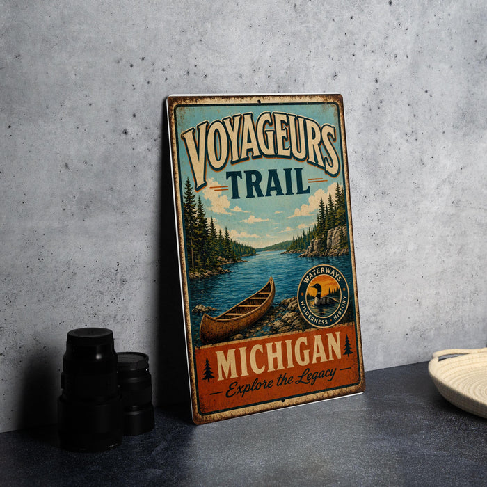 A vintage-style metal sign advertising the Michigan Voyageurs Trail, featuring a canoe and a scenic landscape.