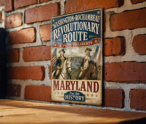 A vintage-style metal sign with the text "WASHINGTON-ROCCHAMBEAU REVOLUTIONARY ROUTE A PATH TO LIBERTY MARYLAND" is displayed on a brick wall.