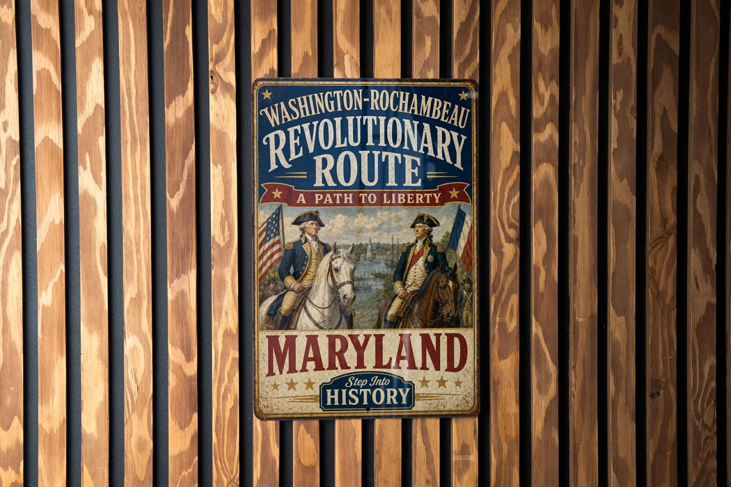 A vintage-style metal sign with the text "WASHINGTON-ROCCHAMBEAU REVOLUTIONARY ROUTE A PATH TO LIBERTY MARYLAND" and an illustration of two men on horseback, mounted on a wooden wall.