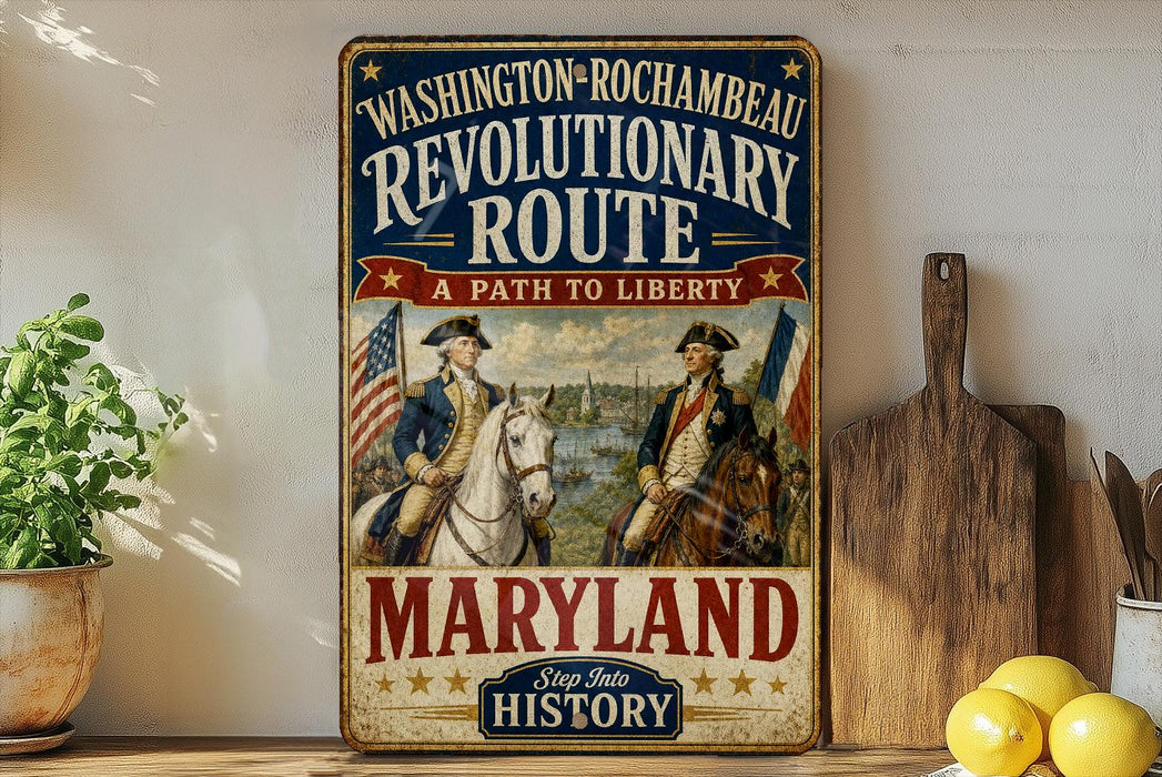A vintage-style sign for the "Washington-Rochambeau Revolutionary Route" in Maryland, featuring two men in military uniforms and an American flag. The sign also includes the text "A Path to Liberty" and "Step into History".