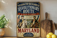 A vintage-style sign for the "Washington-Rochambeau Revolutionary Route" in Maryland, featuring two men in military uniforms and an American flag. The sign also includes the text "A Path to Liberty" and "Step into History".