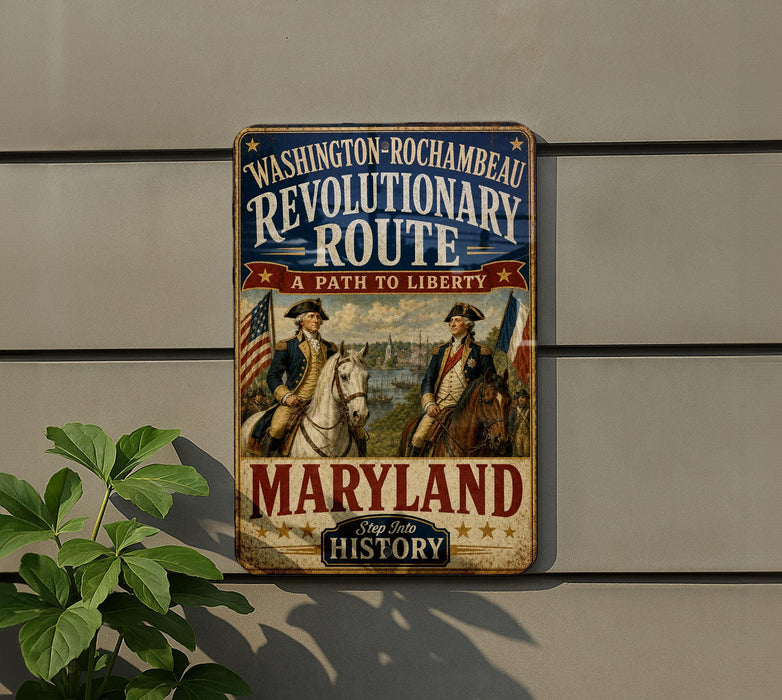 A vintage-style metal sign with the text "WASHINGTON-ROCKAMBEAU REVOLUTIONARY ROUTE A PATH TO LIBERTY MARYLAND Step into HISTORY" displayed on a wall.