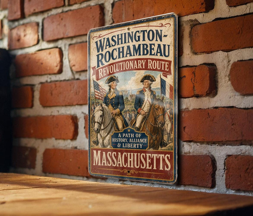 A vintage metal sign on a brick wall, featuring two men in military uniforms and the text "Washington-Rochambeau Revolutionary Route" and "Massachusetts".