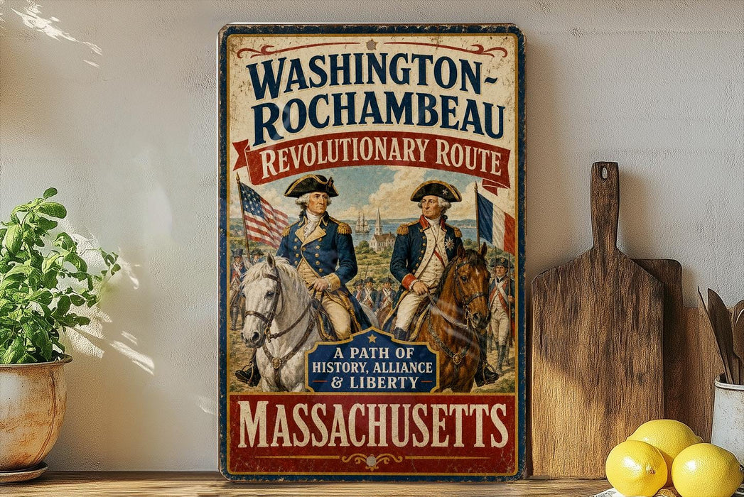 A vintage-style sign for the "Washington-Rochambeau Revolutionary Route" in Massachusetts, featuring two men in military uniforms riding horses.
