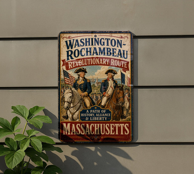 A vintage-style metal sign on a wall, featuring two men in military uniforms and an American flag, advertising the "Washington-Rochambeau Revolutionary Route" and promoting "Massachusetts".