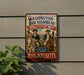 A vintage-style metal sign on a wall, featuring two men in military uniforms and an American flag, advertising the "Washington-Rochambeau Revolutionary Route" and promoting "Massachusetts".