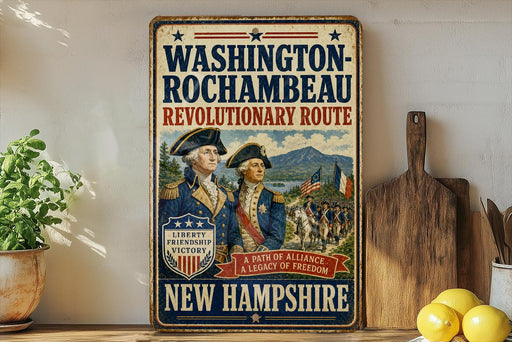 A vintage-style metal sign with the text "WASHINGTON-ROCCHAMBEAU REVOLUTIONARY ROUTE" and an illustration of two men in military uniforms, along with the text "LIBERTY REVOLUTIONARY VICTORY" and "A PATH OF ALLIANCE A LEGACY OF FREEDOM" in the foreground. The sign is displayed on a shelf next to a wooden cutting board and a potted plant.