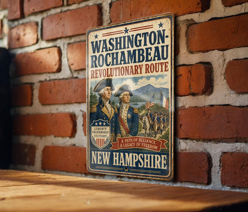A vintage-style metal sign with the text "WASHINGTON-ROCCHAMBEAU REVOLUTIONARY ROUTE" and an illustration of two men in military uniforms, mounted on a brick wall.