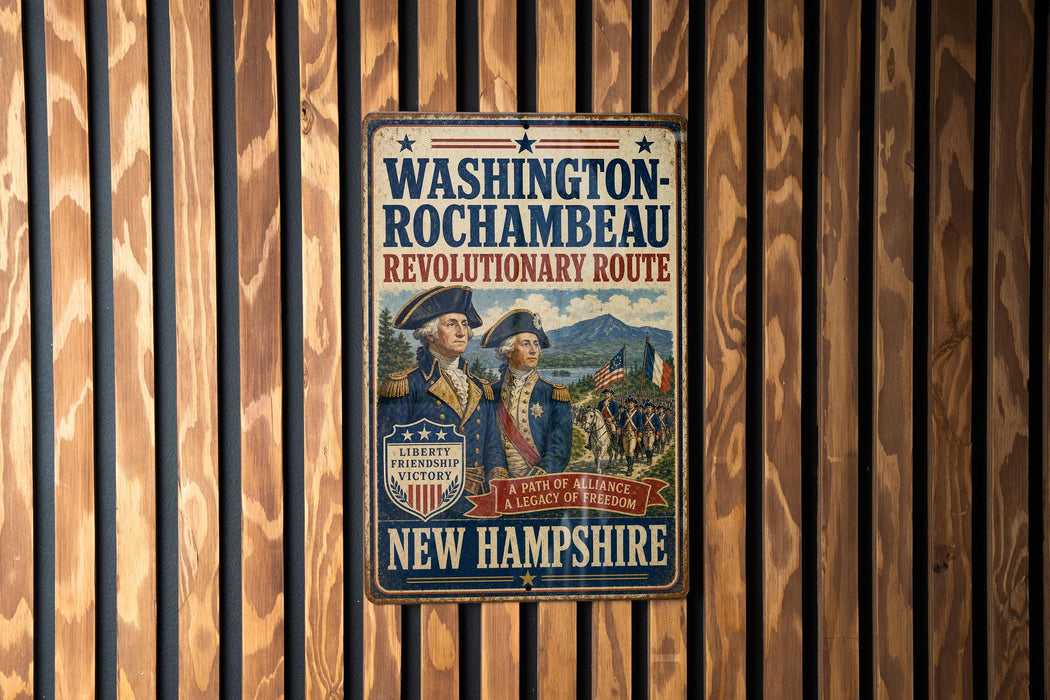 A vintage-style metal sign with the text "WASHINGTON-ROCCHAMBEAU REVOLUTIONARY ROUTE" and "A PART OF ALLIANCE A LEGACY OF FREEDOM" is displayed on a wooden wall.