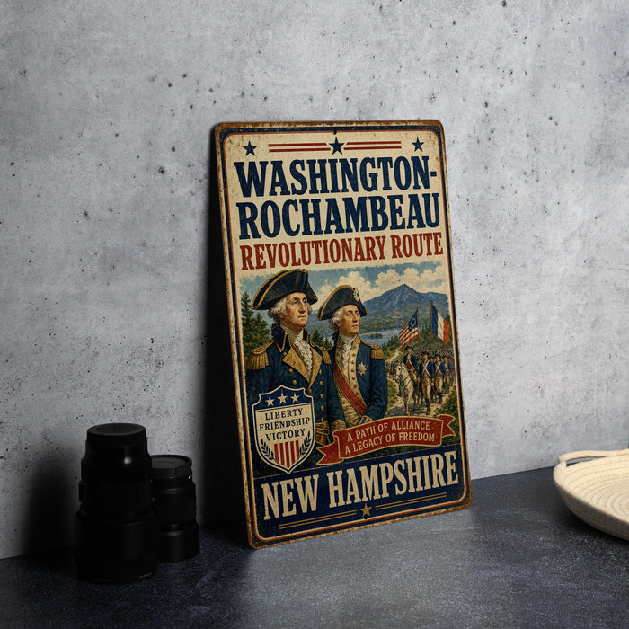 A vintage-style metal sign for the Washington-Rochambeau Revolutionary Route in New Hampshire, featuring two men in military uniforms and the text "A Path of Alliance" and "A Legacy Nation".