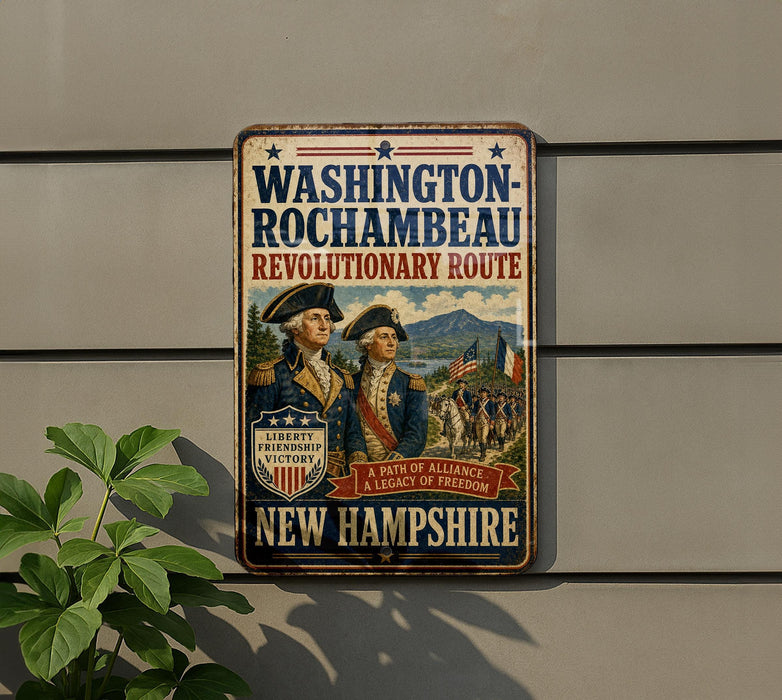 A vintage metal sign on a wall, featuring an illustration of two men in military uniforms and the text "WASHINGTON-ROCKAMBEAU REVOLUTIONARY ROUTE" and "NEW HAMPSHIRE".