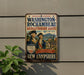 A vintage metal sign on a wall, featuring an illustration of two men in military uniforms and the text "WASHINGTON-ROCKAMBEAU REVOLUTIONARY ROUTE" and "NEW HAMPSHIRE".