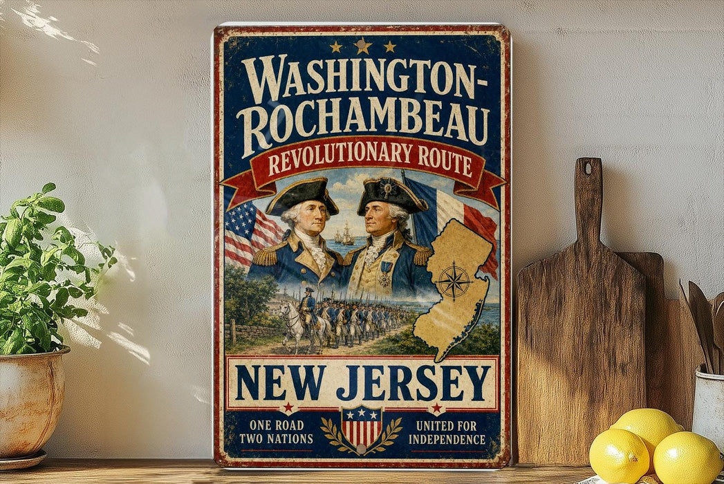 A vintage-style poster advertising the Revolutionary Route to Washington, Rochambeau, New Jersey, featuring images of two men in military uniforms and a map of the region.