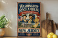 A vintage-style poster advertising the Revolutionary Route to Washington, Rochambeau, New Jersey, featuring images of two men in military uniforms and a map of the region.