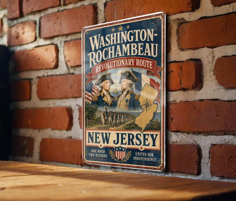 A vintage-style metal sign with the text "WASHINGTON-ROCCHAMBEAU REVOLUTIONARY ROUTE" and "NEW JERSEY" printed on it, mounted on a brick wall.