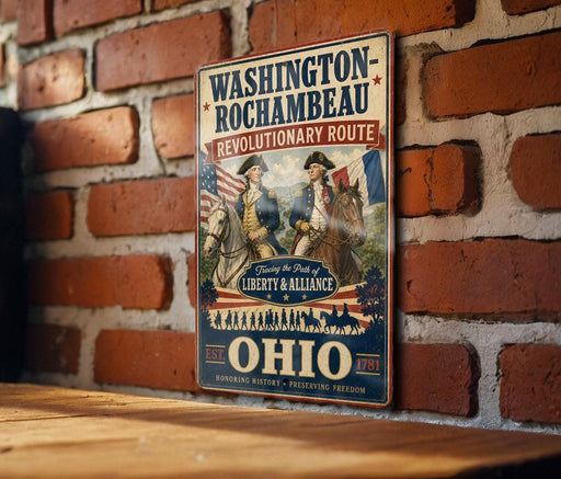 A vintage-style metal sign with the text "WASHINGTON-ROCKAMBEAU REVOLUTIONARY ROUTE" and "LIBERTY & ALLIANCE" is displayed on a brick wall.