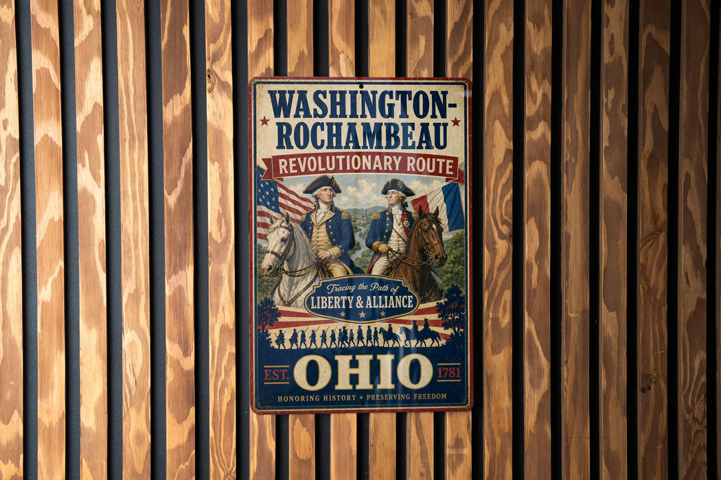 A vintage-style metal sign with the text "WASHINGTON-ROCKAMBEAU REVOLUTIONARY ROUTE" and images of two men on horseback, along with the text "TRADING THE BONUS LIBERTY & ALLIANCE" and "OHIO" at the bottom.