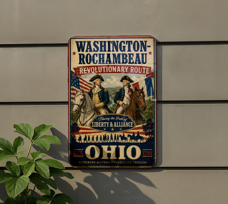 a vintage-style sign with a historical theme, mounted on a wall next to a plant.