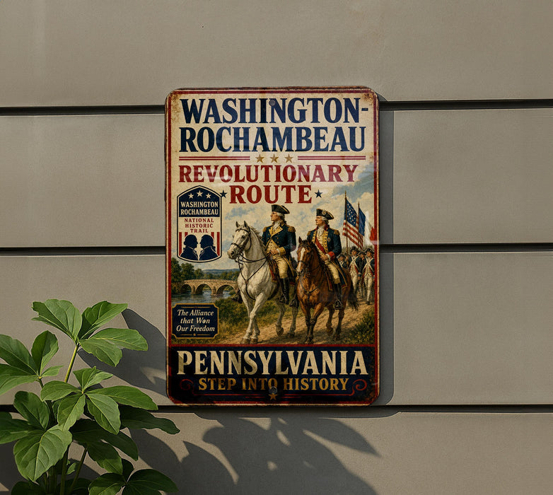 a vintage-style metal sign with a historical theme, mounted on a wall.