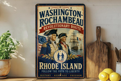 A vintage-style metal sign with the text "WASHINGTON-ROCCHAMBEAU REVOLUTIONARY ROUTE" and "RHODE ISLAND" is displayed on a shelf, accompanied by a wooden cutting board and a potted plant.