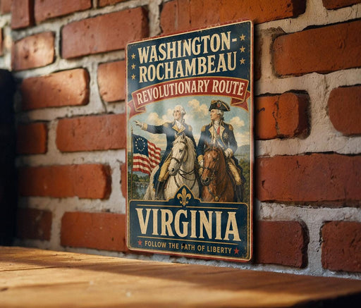 A vintage-style metal sign with the text "WASHINGTON-ROCCHAMBEAU REVOLUTIONARY ROUTE VIRGINIA" and an illustration of two men on horseback, one of whom is holding a flag. The sign is mounted on a brick wall.
