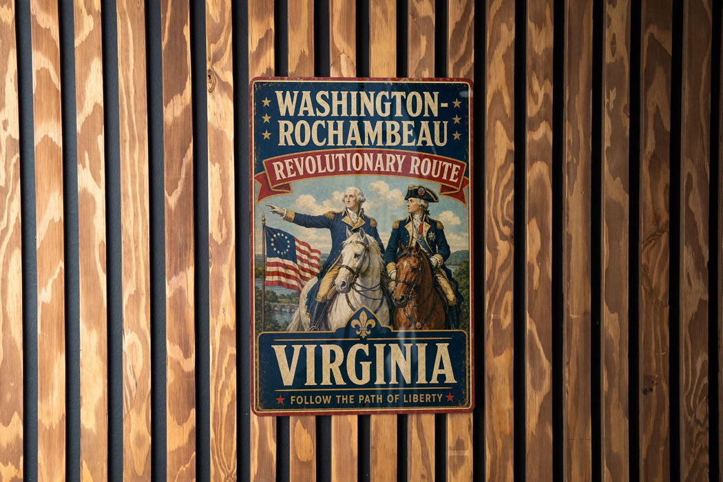 A vintage-style metal sign with the text "WASHINGTON-ROCCHAMBEAU REVOLUTIONARY ROUTE VIRGINIA" and an illustration of two men on horseback, one of whom is holding a flag.
