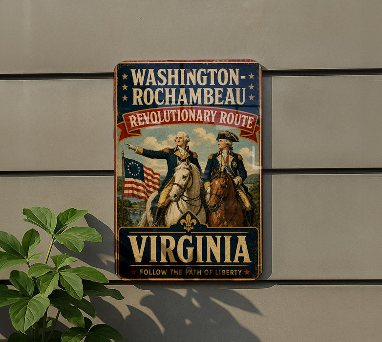 A vintage-style metal sign with the text "WASHINGTON ROCCHAMBEAU REVOLUTIONARY ROUTE VIRGINIA" and images of two men on horseback, one wearing a military uniform and the other a civilian, against a backdrop of an American flag.