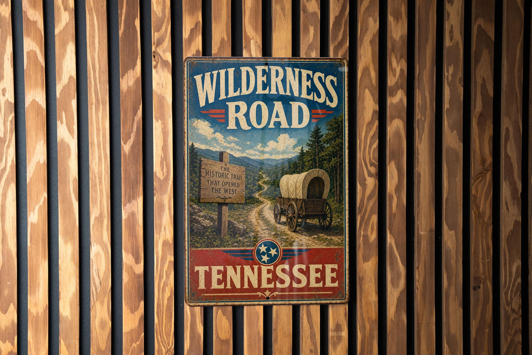 A vintage-style metal sign that reads "Wilderness Road" and "The Historic Trail That Opened the West" is displayed on a wooden wall.