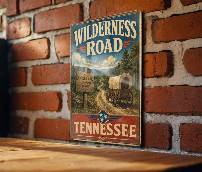 A vintage-style metal sign for the Wilderness Road in Tennessee, featuring a wagon train and a sign that says "The Historic Trail That Opened the Way to the West".