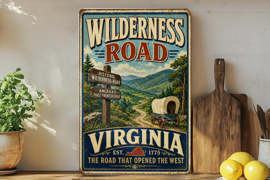 A vintage-style metal sign for the Wilderness Road in Virginia, featuring a wagon train and a scenic mountain landscape.
