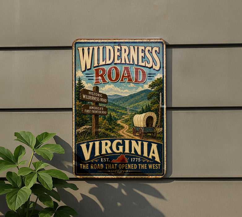 A vintage-style metal sign for Wilderness Road in Virginia, featuring a wagon train and a scenic mountain landscape.